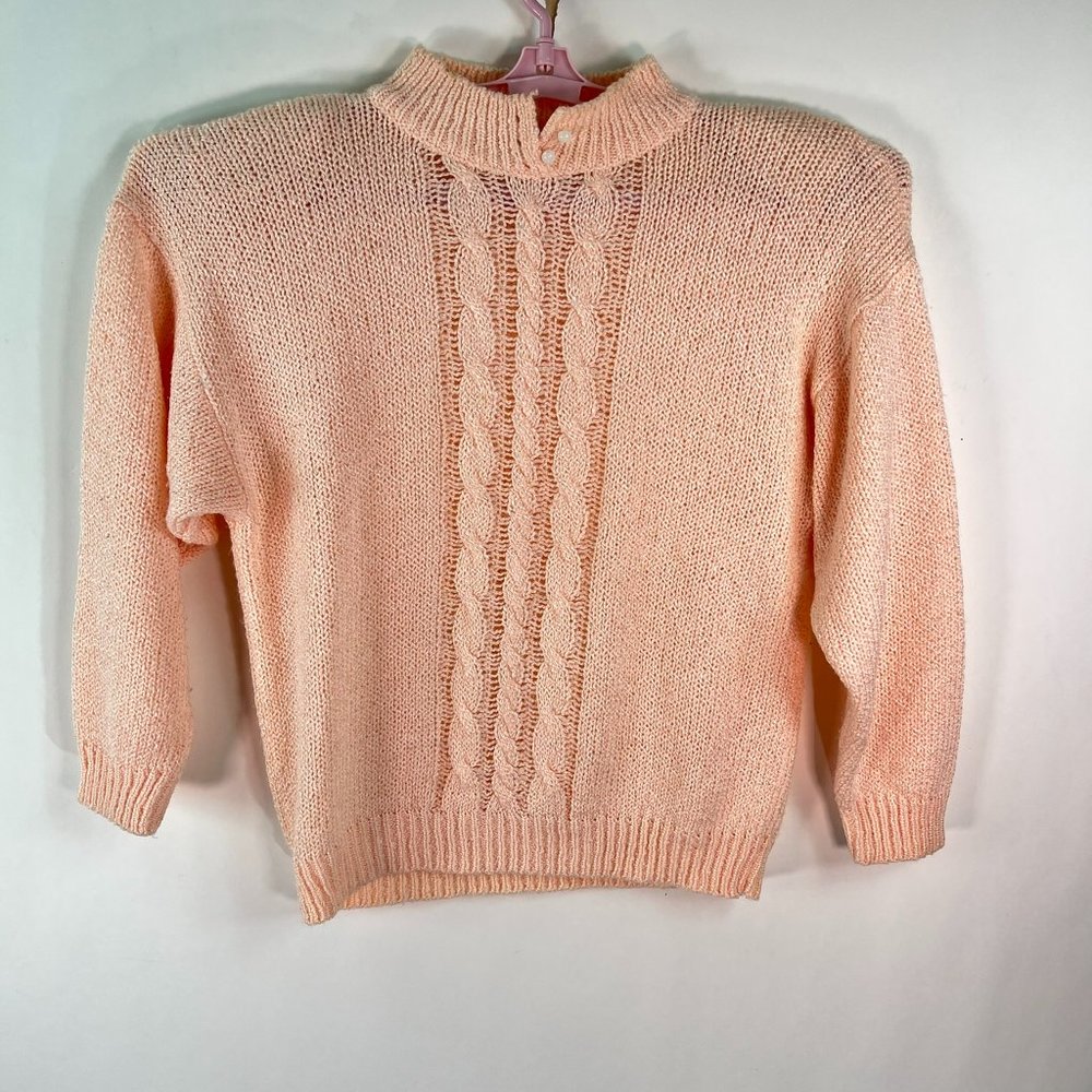 Vintage Sterling Harris Womens Button High Neck Peach Cable Knit Sweater SZ L
